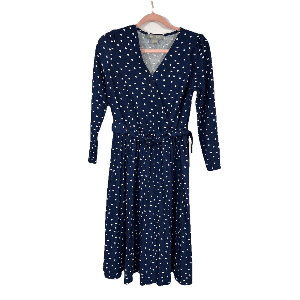 Lark + Grey Polka Dot Pleat Midi Dress M Retro Parisian Style 50s Rockabilly